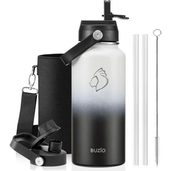 Buzio Duet Series Water Bottle with 2 Lids and Sleeve 1L - Black White